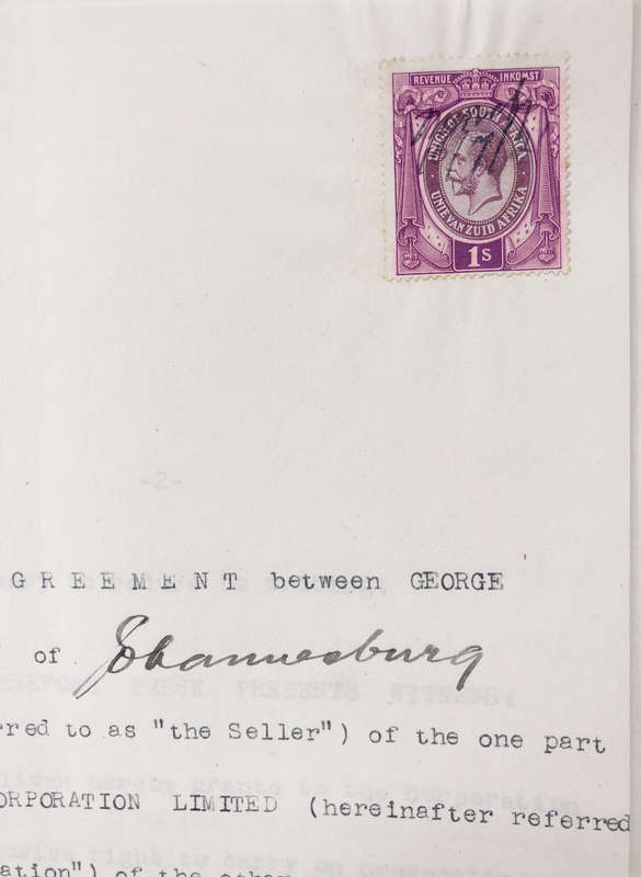 STAMP 1921 UNION OF SOUTH AFRICA ONE SHILLING REVENUE ON DOCUMENT AGREEMENT FOR PROSPECTING RIGHTS