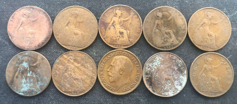 PENNY BRITISH 1912, 1915, 1916, 1917, 1918, 1919, 1920 x 2, 1927 & 1930 GEORGE V COLLECTION OF TEN