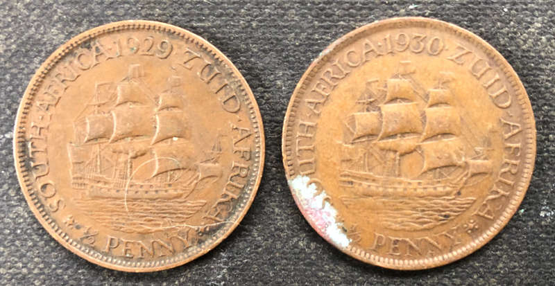 HALF PENNY 1929 1930 TWO UNION OF SOUTH AFRICA COINS