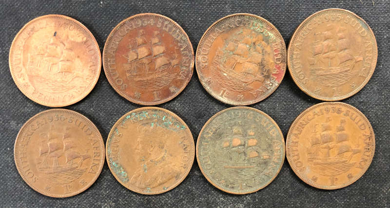 PENNY 1930 1934 1935 x 2 1936 x 4 UNION OF SOUTH AFRICA COLLECTION OF 8 COINS