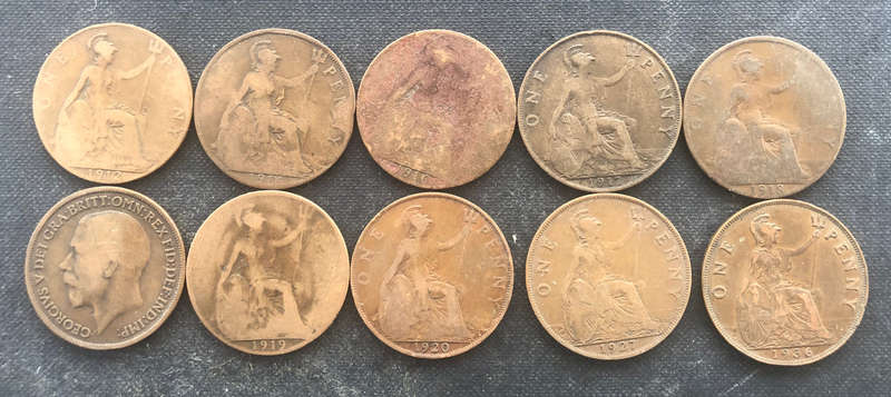PENNY BRITISH 1912, 1914, 1916, 1917, 1918 x 2, 1919, 1920, 1927 & 1935 GEORGE V COLLECTION OF TEN