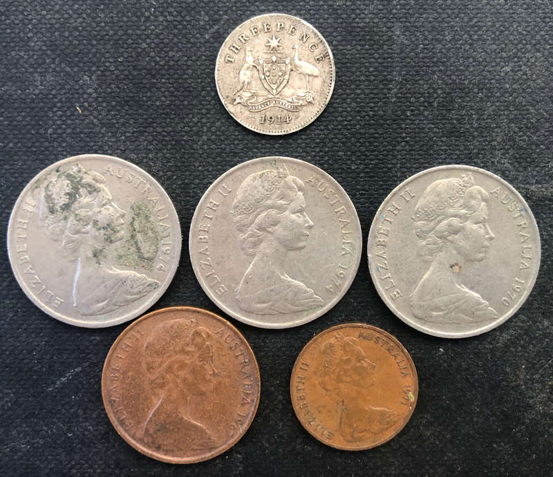 AUSTRALIA 1914 SILVER THREE PENCE 1970 1974 TEN CENTS 1967 TWO CENTS 1971 ONE CENTS 6 COINS