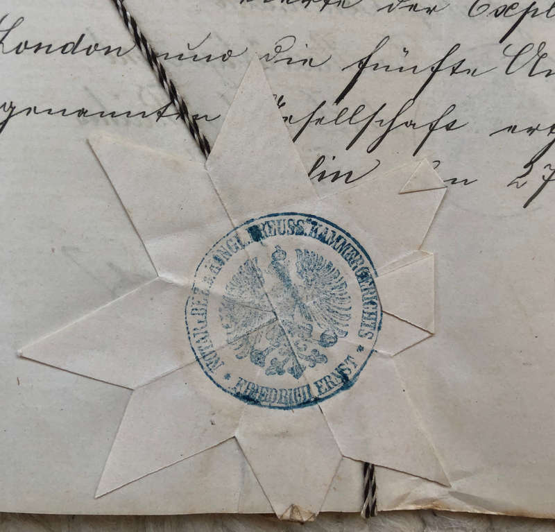 STAMPS 1895 PREUSSEN 1.5M STEMPELMARKE x 2 AND VARIOUS SEALS AND STAMPS ON HANDWRITTEN DOCUMENT