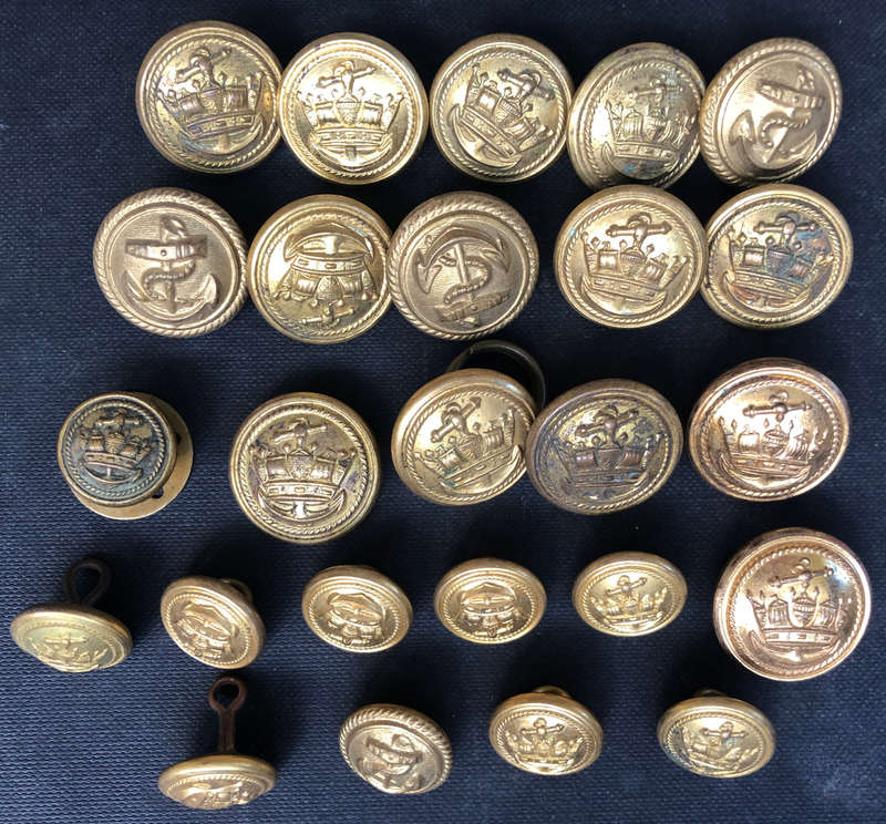 MILITARY ROYAL AND BRITISH MERCHANT NAVY VINTAGE BRASS UNIFORM BUTTONS COLLECTION OF 25