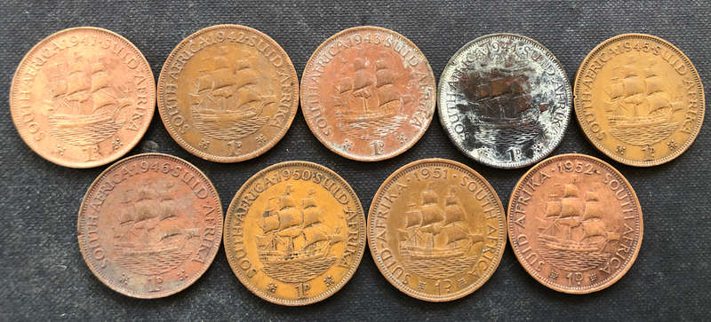 PENNY 1941 - 1946, 1950 - 1952 COLLECTION OF 9 UNION OF SOUTH AFRICA COINS