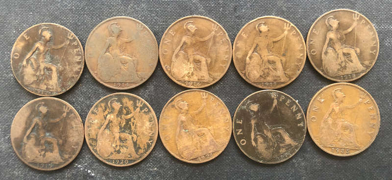 PENNY BRITISH 1912, 1914, 1916, 1917 x 2, 1918, 1919, 1920, 1921 & 1935 GEORGE V COLLECTION OF TEN