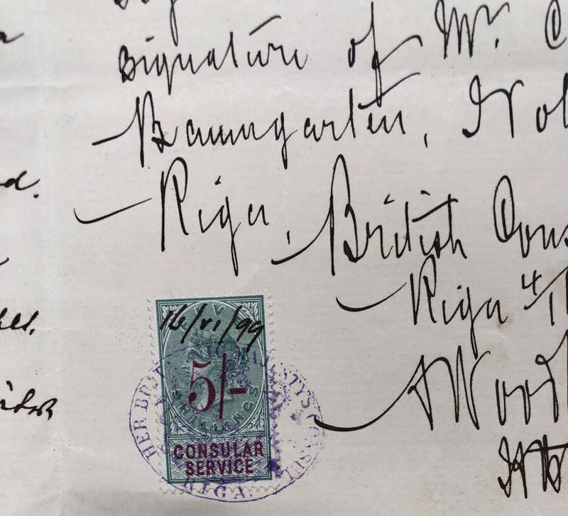 STAMPS (5 IN ALL) ON 1899 DOCUMENT GENERAL WILHELM BARON VON NOLCKEN PAIR 5/- OVERPRINT.............