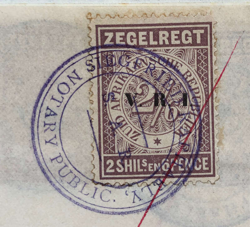 STAMPS FIVE 1900 ZUID AFRIKAANSCHE REPUBLIEK ZEGELREGT WITH VRI OVERPRINT ON GOLD MINING DOCUMENT
