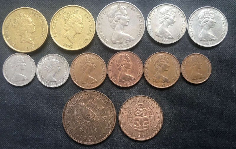 NEW ZEALAND 2 Dollars 1 Penny 1/2 Penny 20 Cent 10 Cent 5 Cent 2 Cent 1 Cent Collection of 13 Coins