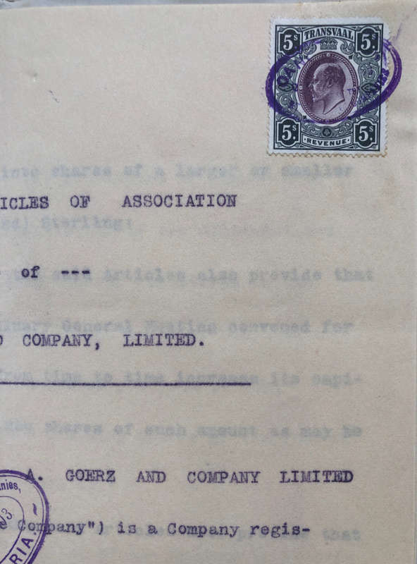 STAMP TRANSVAAL FIVE SHILLINGS REVENUE 1903 ON ARTICLES OF ASSOCIATION DOCUMENT