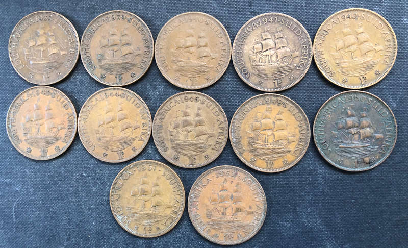 PENNY 1938 - 1945, 1949 - 1952 COLLECTION OF 12 UNION OF SOUTH AFRICA COINS