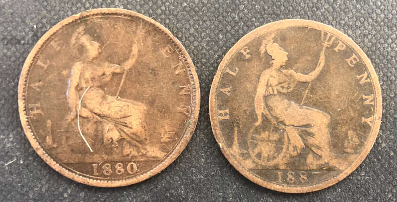 HALF PENNY 1880 AND 1887 BRITISH QUEEN VICTORIA