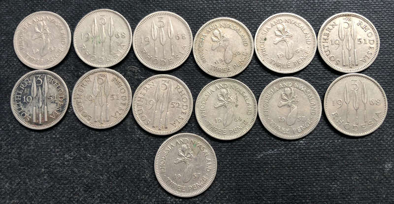 SOUTHERN RHODESIA 3 PENCE, 3 x 1951, 1 x 1952, RHODESIA 3 x 1968, RHODESIA & NYASALAND x 6
