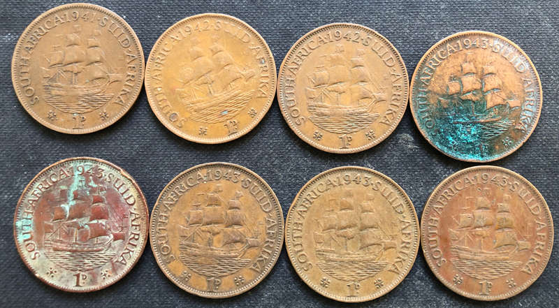 PENNY 1941, 1942 x 2, 1943 x 5 COLLECTION OF 8 UNION OF SOUTH AFRICA COINS