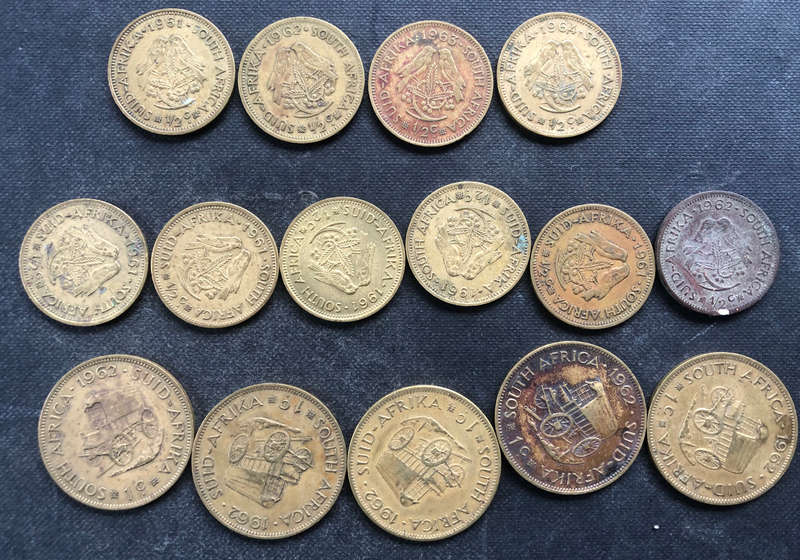 RSA HALF AND ONE CENT 15 COINS 1961, 1962, 1963 AND 1964