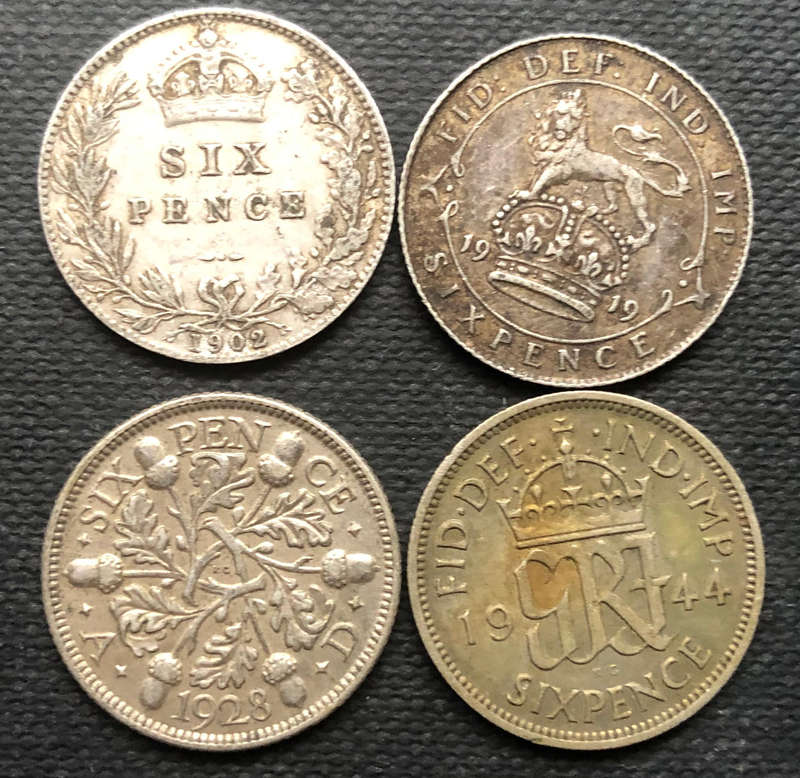 Silver UK Sixpences 1902 1919 1928 1944 Collection of 4