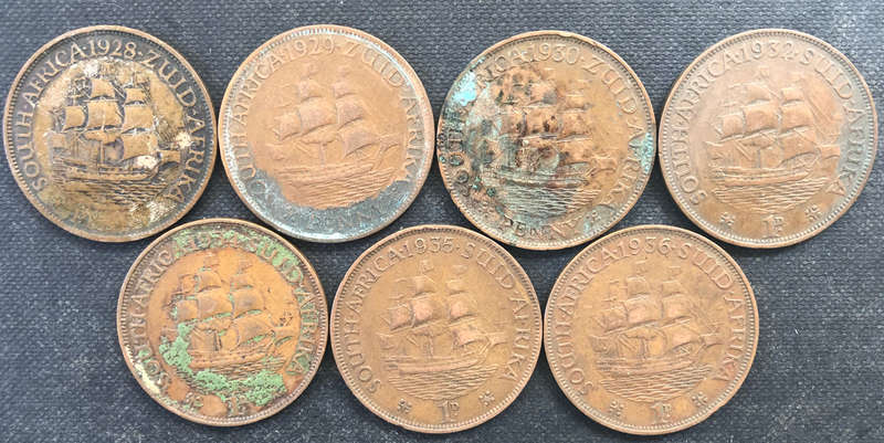 PENNY 1928 1929 1930 1932 1934 1935 1936 UNION OF SOUTH AFRICA COLLECTION OF 7 COINS