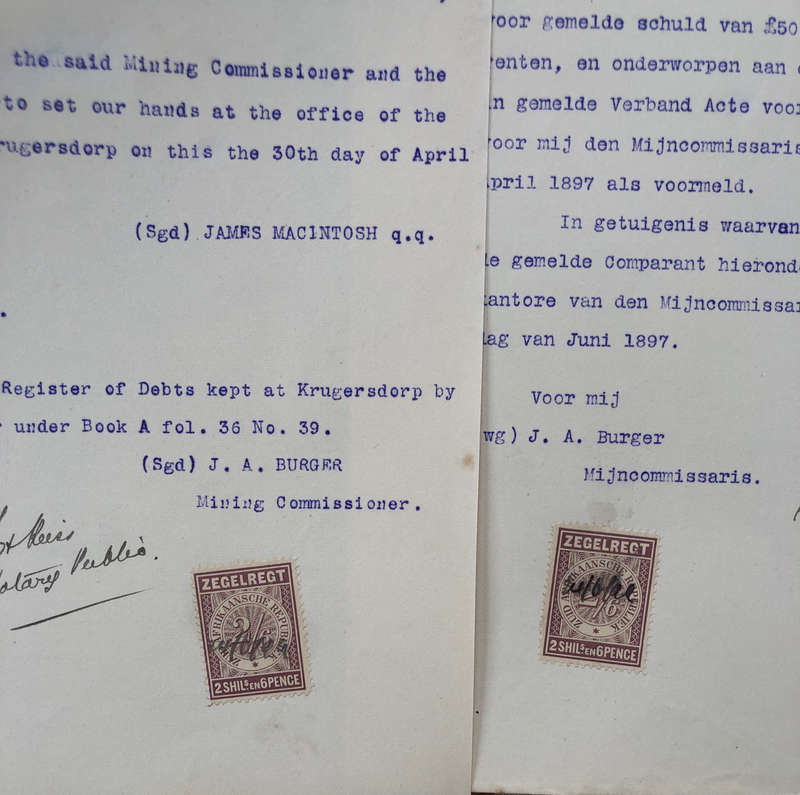 STAMPS 3 ZUID AFRIKAANSCHE REPUBLIEK ZEGELREGT 2/6d REVENUE 1897 ON VIOLET GOLD MINE DOCUMENTS