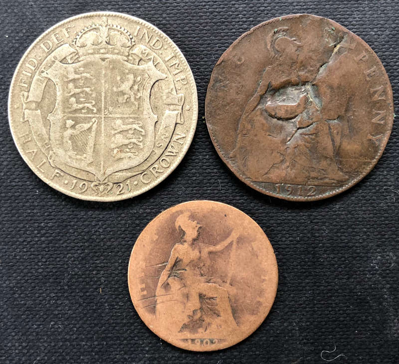 UK 1921 Silver Half Crown 1912 Penny 1902 Half Penny