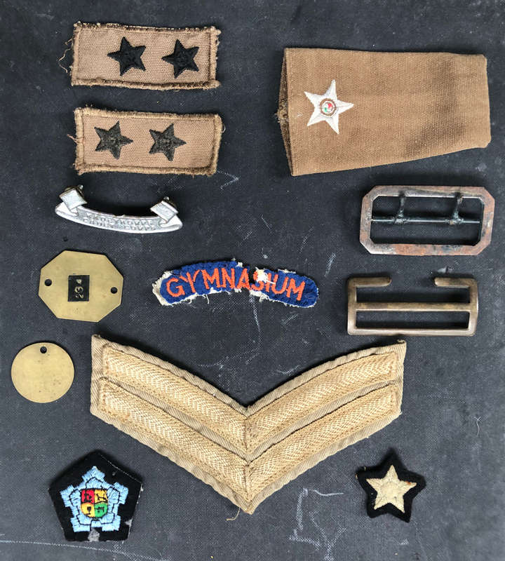 MILITARIA TWELVE CLOTH RANK BADGES, BUCKLES AND VARIOUS OTHER ITEMS