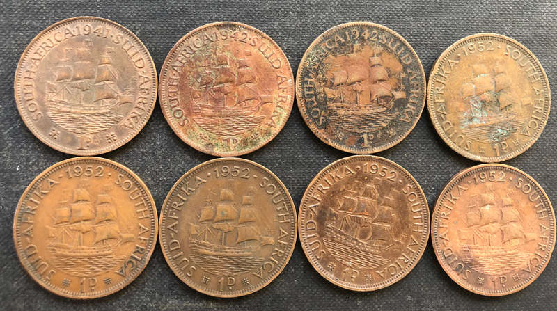 PENNY 1941, 1942 x 2, 1952 x 5 COLLECTION OF 8 UNION OF SOUTH AFRICA COINS