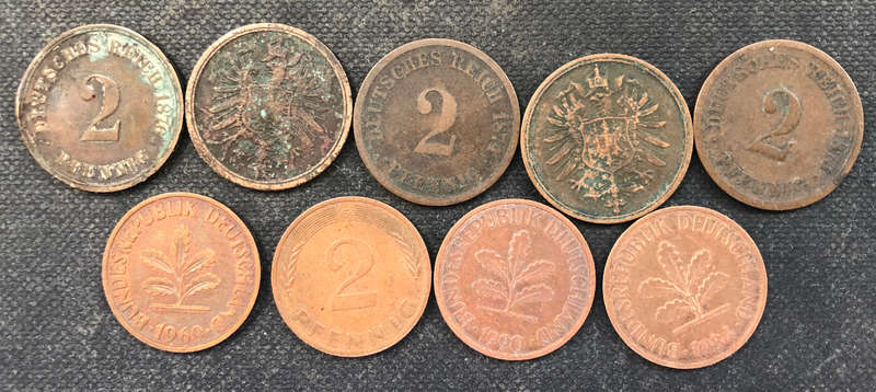 GERMANY 1874 1875 1876 1969 1978 1984 1990 2 Pfennig Collection of 9 Coins