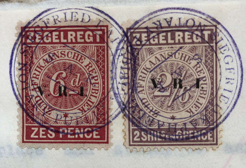 STAMPS FIVE 1900 ZUID AFRIKAANSCHE REPUBLIEK ZEGELREGT WITH VRI OVERPRINT ON GOLD MINING DOCUMENT