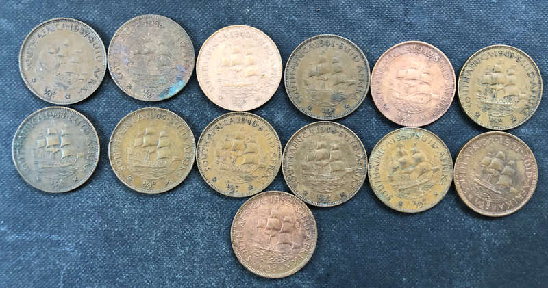 HALF PENNY 1937, 1938, 1940-1946, 1948, 1950-1952 UNION OF SOUTH AFRICA COLLECTION OF 13