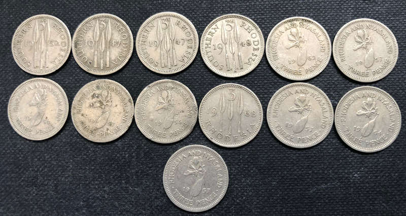 SOUTHERN RHODESIA 3 PENCE, 2 x 1947, 1 x 1948, 1 x 1952, RHODESIA 1 x 1968, RHODESIA & NYASALAND x 8