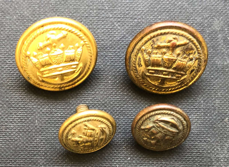 MILITARY ROYAL NAVY BRASS BUTTONS COLLECTION OF 4 SIGNED KENNING & SONS, KENNING & STILLWELL & SON