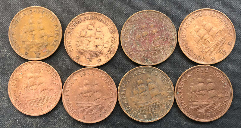 PENNY 1942 x 3, 1950, 1951, 1952 x 3 COLLECTION OF 8 UNION OF SOUTH AFRICA COINS