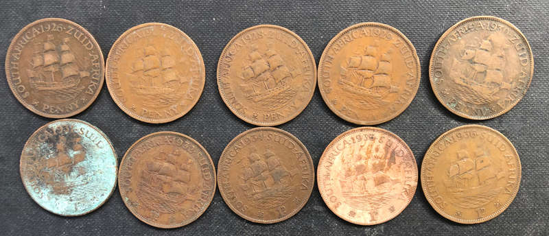 PENNY 1926 1927 1928 1929 1930 1931 1932 1934 1935 1936 UNION OF SOUTH AFRICA COLLECTION OF 10 COINS