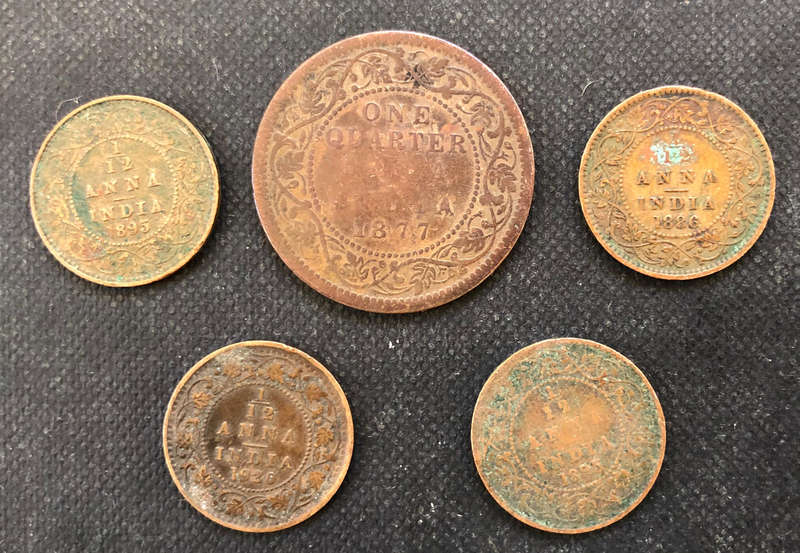 INDIA 1877 1886 1895 1920 1/4 Anna & 1/12 Anna Collection of 5 Coins