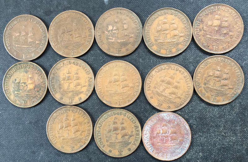Penny 1941 x 3 1942 x 5 1943 x 2 1944 1945 1952 UNION SOUTH AFRICA COLLECTION OF 13 COINS