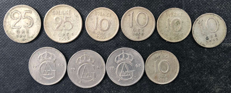 SWEDEN Silver 1945 1953 25 Ore Silver 1942 1950 1954 1957 10 Ore 1963 1964 25 Ore 1962 10 Ore