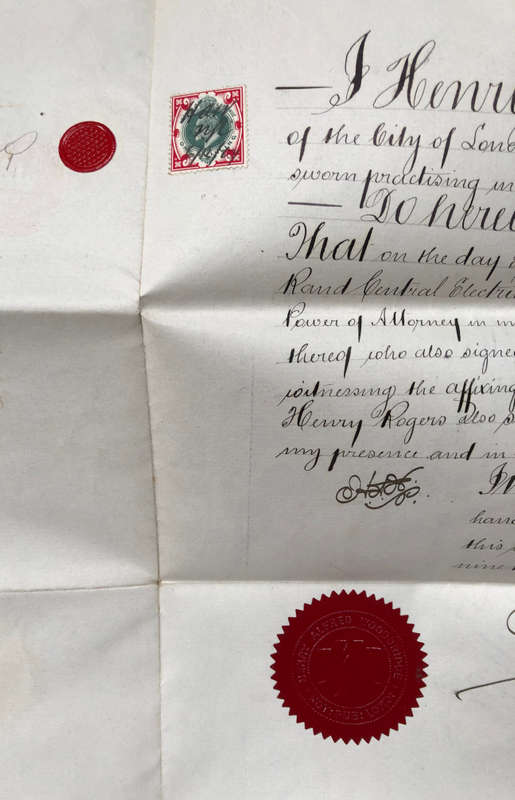 STAMP UK 1907 ONE SHILLING, TEN SHILLINGS VERMILLION STAMP & VARIOUS OTHER SEALS ON DOCUMENT
