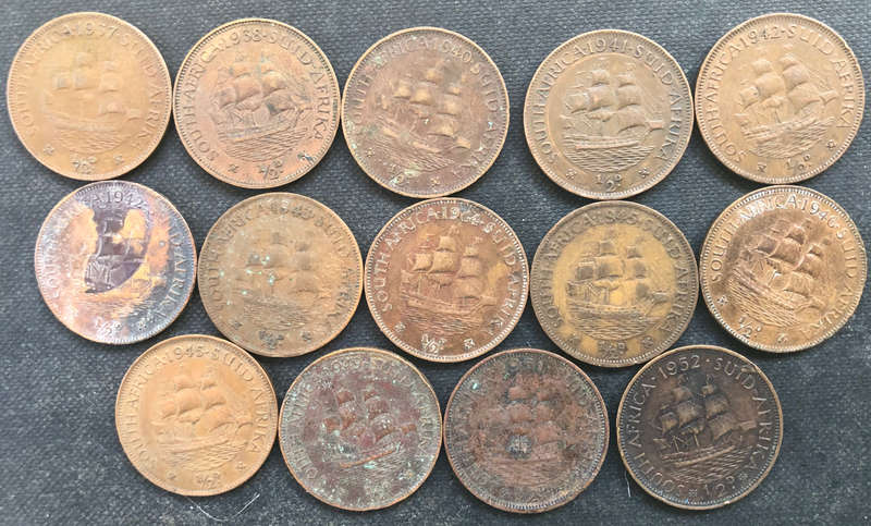 HALF PENNY 1937, 1938, 1940-1946, 1949, 1951 1952 UNION OF SOUTH AFRICA COLLECTION OF 14