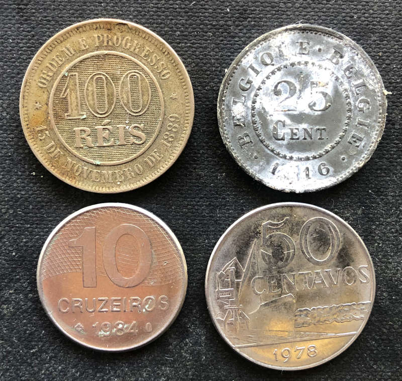 BRAZIL 1896 100 REIS BELGIUM 1916 25 CENT AND TWO OTHER COINS