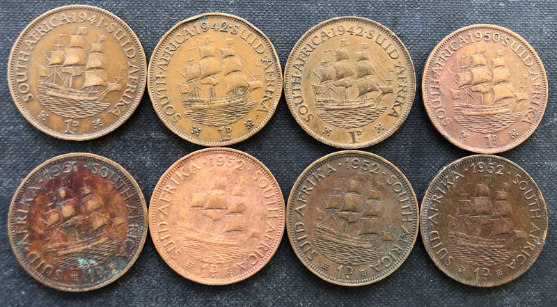 PENNY 1941, 1942 x 2, 1950, 1951, 1952 x 3 COLLECTION OF 8 UNION OF SOUTH AFRICA COINS