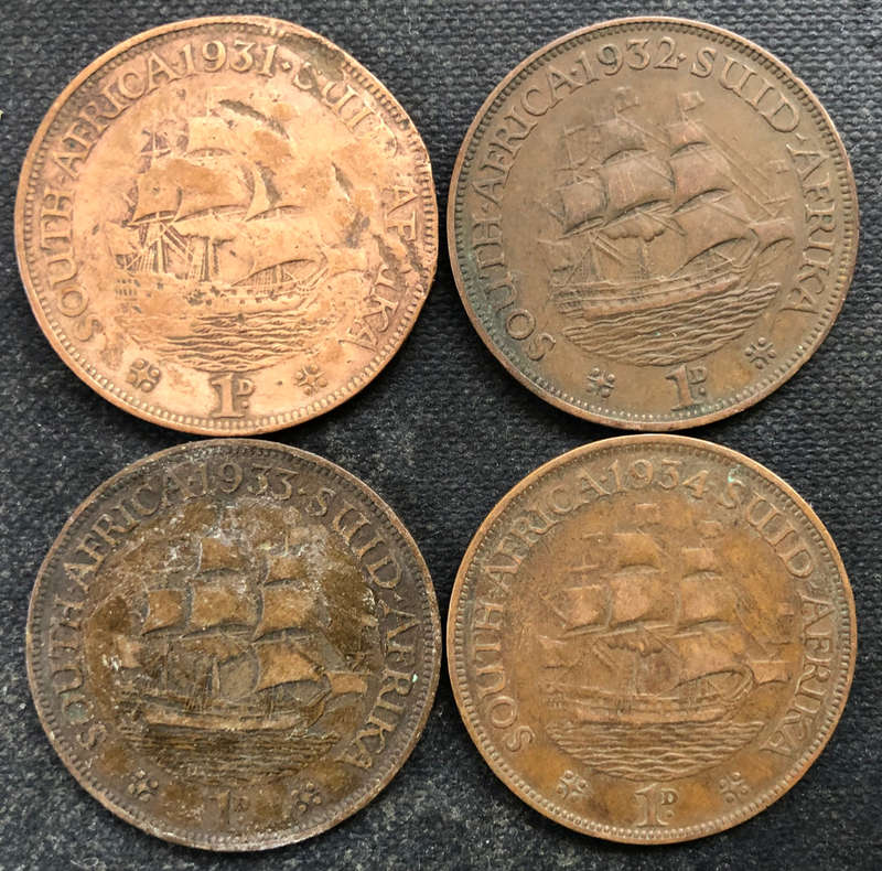 PENNY 1931 1932 1933 1934 UNION OF SOUTH AFRICA COLLECTION OF 4
