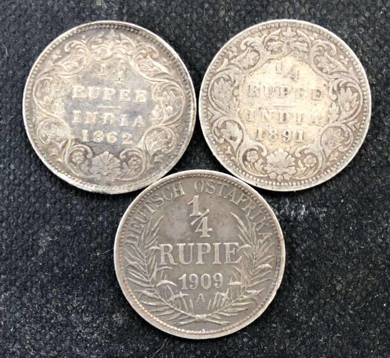 COIN SILVER INDIA 1862 1891 1909 COLLECTION OF THREE 1/4 RUPEE COINS
