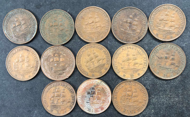 Penny 1941 x 2 1942 x 7 1943 1945 1950 1952 UNION SOUTH AFRICA COLLECTION OF 13 COINS