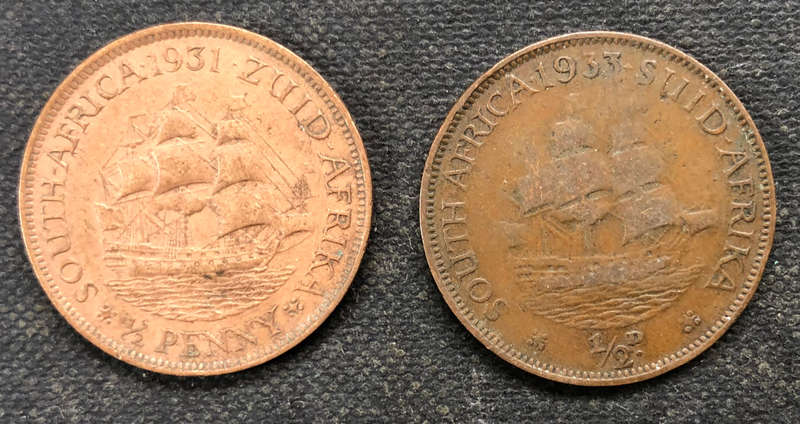 HALF PENNY 1931 1933 TWO UNION OF SOUTH AFRICA COINS