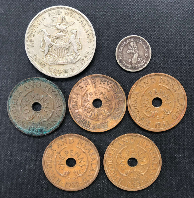 Rhodesia and Nyasaland Half Crown 1955 Three Pence and Penny Collection of 7 Coins