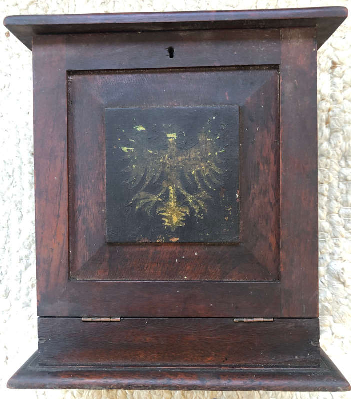 TEAK PANELLED DOCUMENT STORAGE BOX ANTIQUE WITH EAGLE ON FRONT AND ORIGINAL BRASS LOCK