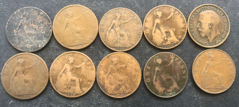 PENNY BRITISH 1911, 1913, 1916, 1917 x 2, 1918, 1919, 1920, 1921 & 1929 GEORGE V COLLECTION OF TEN