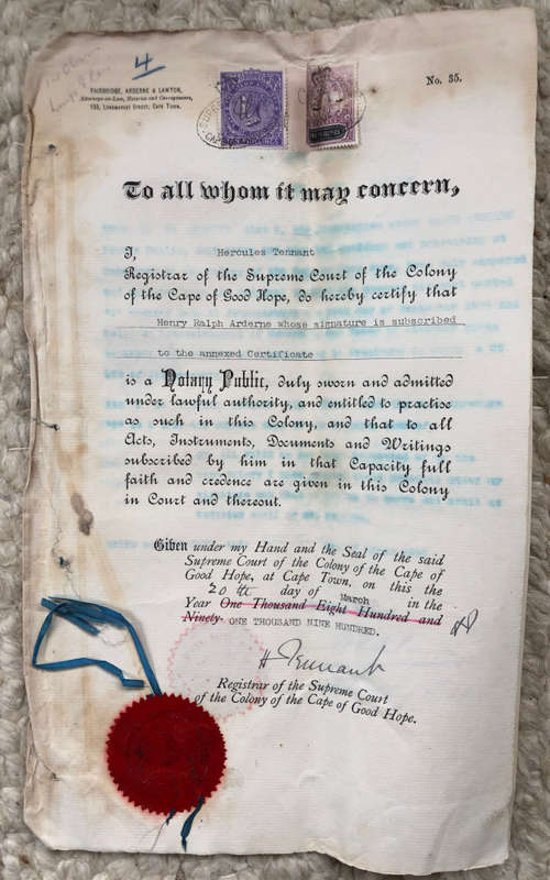 STAMPS A 10 SHILLINGS AND 3 X 5/- CAPE OF GOOD HOPE REVENUE ON LUIPERDSVLEI GOLDFIELDS DOCUMENT 1900