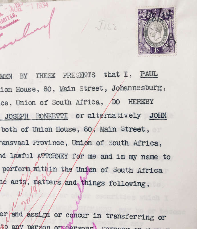 STAMP 1934 UNION OF SOUTH AFRICA REVENUE ONE SHILLING ON POWER OF ATTORNEY DOCUMENT