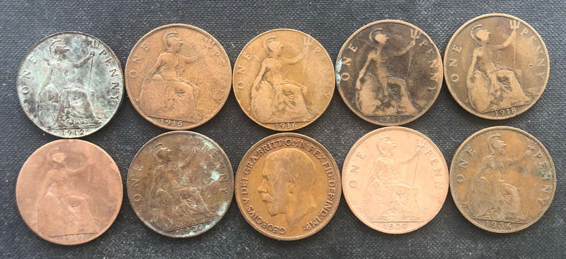 PENNY BRITISH 1912, 1915, 1916, 1917, 1918, 1919, 2 x 1920, 1927 & 1936 GEORGE V COLLECTION OF TEN