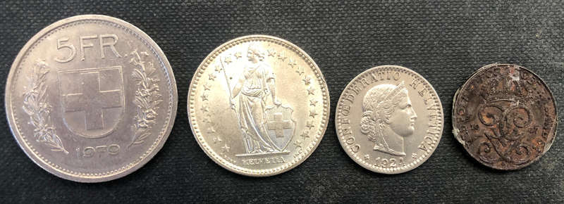 SWITZERLAND 1924 1947 1961 1979 5 Franc 2 Franc 20 Rappen 2 Ore 4 Coins